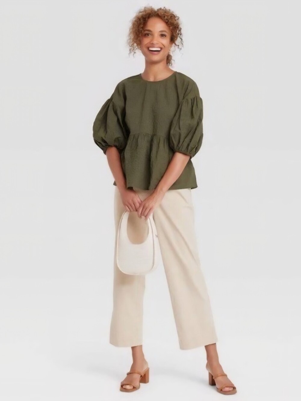 A NEW DAY | Puff 3/4 Sleeve Babydoll Tunic Blouse | Olive | Medium